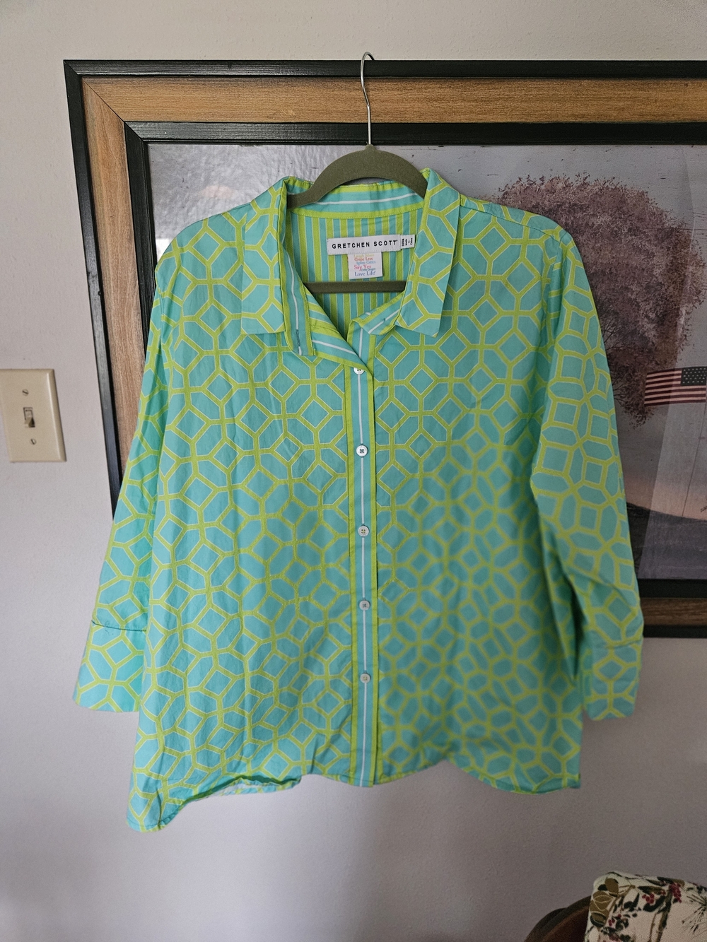 Gretchen Scott Designs Turquoise and Lime Geometric Button-Up Blouse Sx 2X